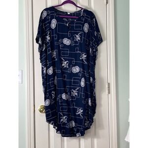 Navy Blue White Geometric Floral Kaftan Dress XL XXL High Low Hem Keyhole Neck
